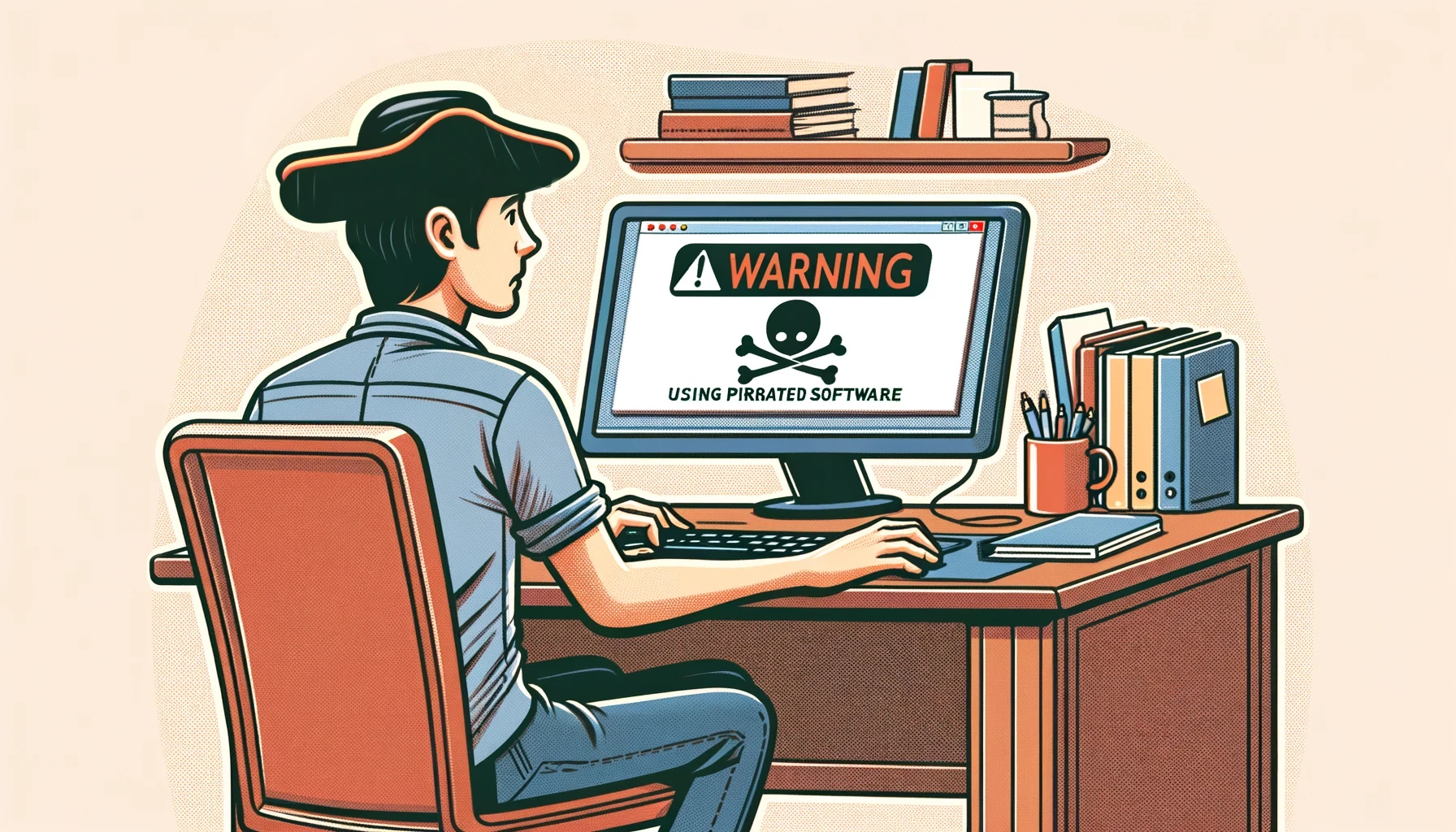 User with a pirate hat, sitting in front of a computer.