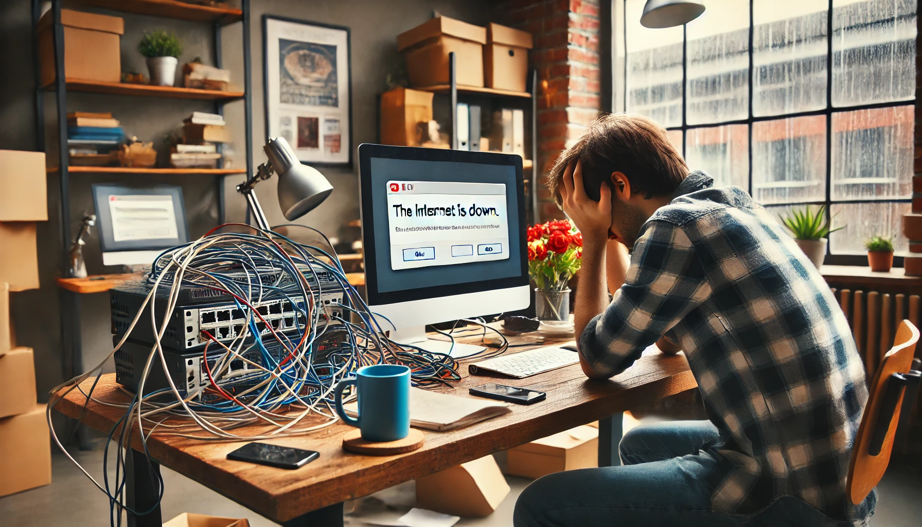 man facepalming in front of a screen the reads "The internet is down"