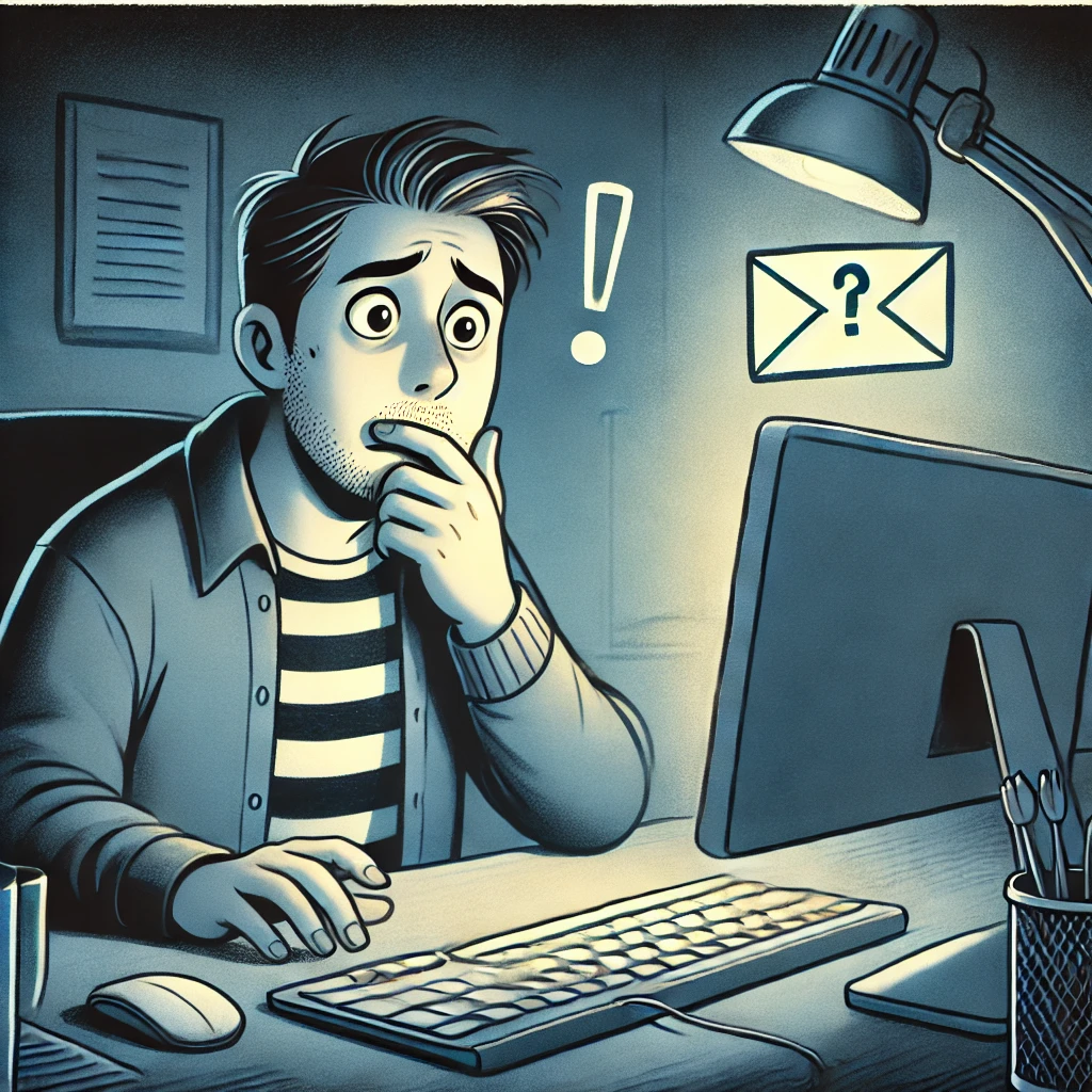 person sitting in front of a computer looking concerned.