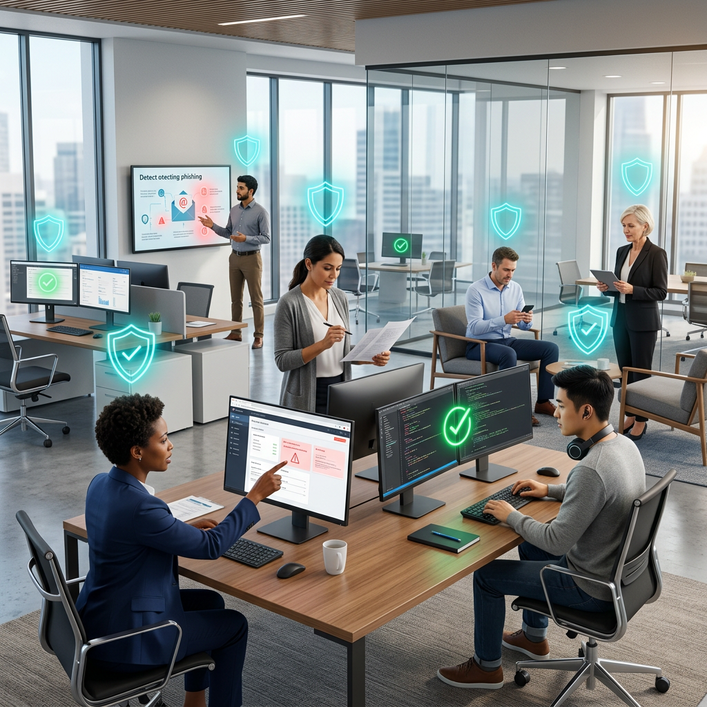 Modern corporate office environment with six diverse business professionals demonstrating email security awareness.